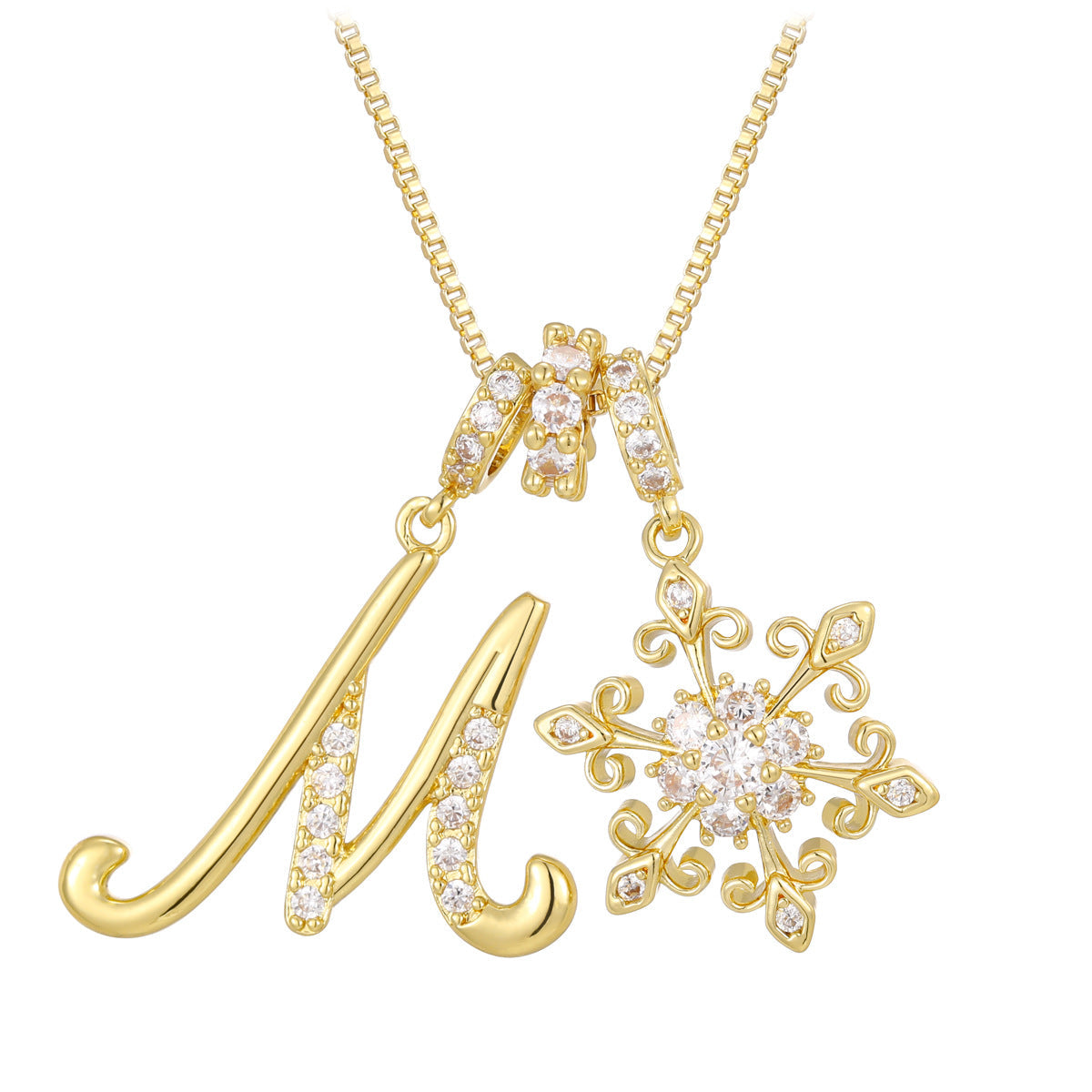 14k elegant initial snowflake necklace