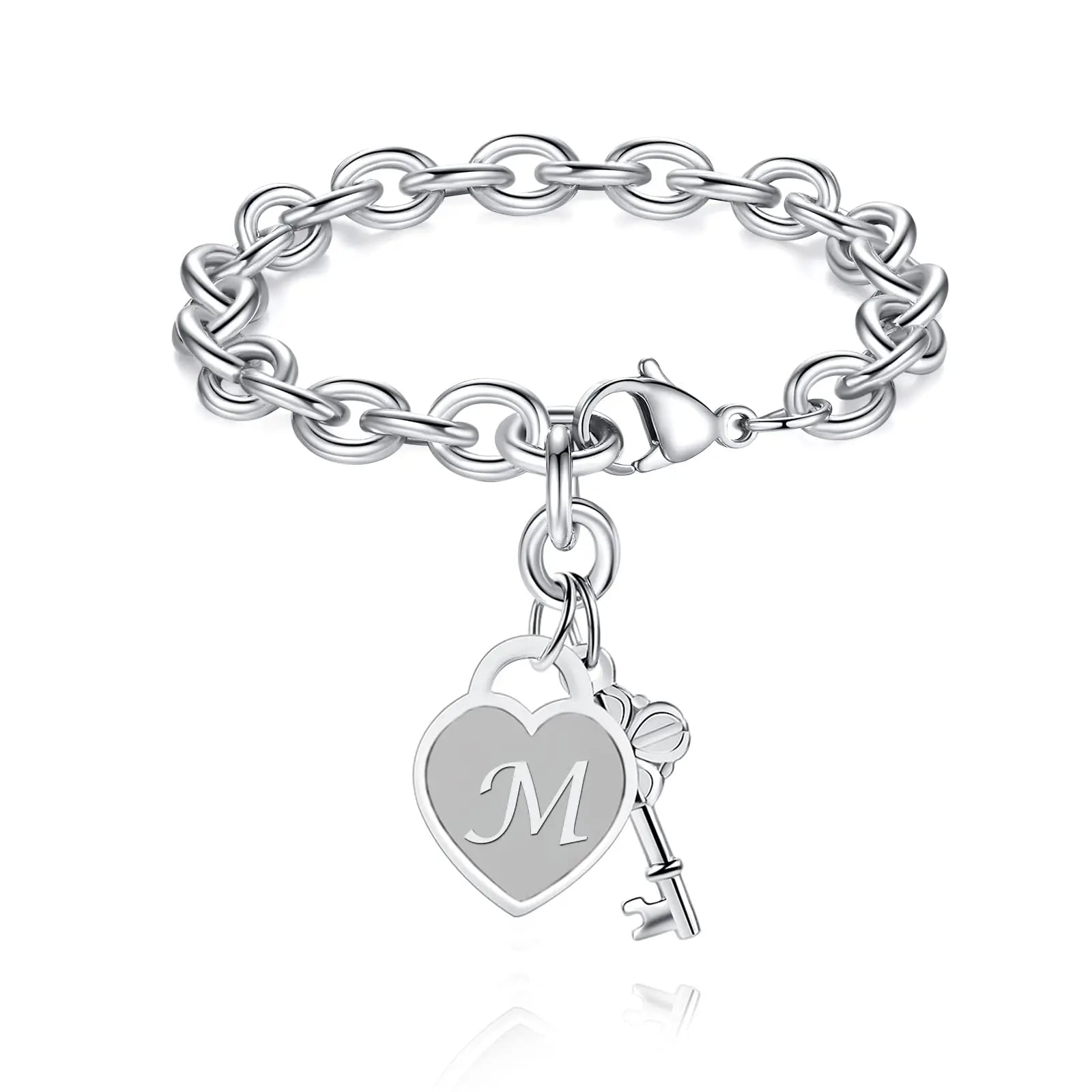 chunky clip heart key letter initial bracelet