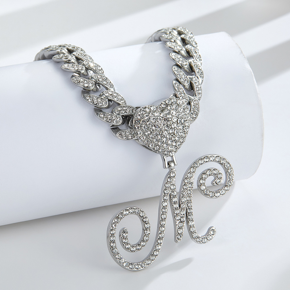 Cursive Diamond Accented Initial Cuban Heart Necklace in silver
