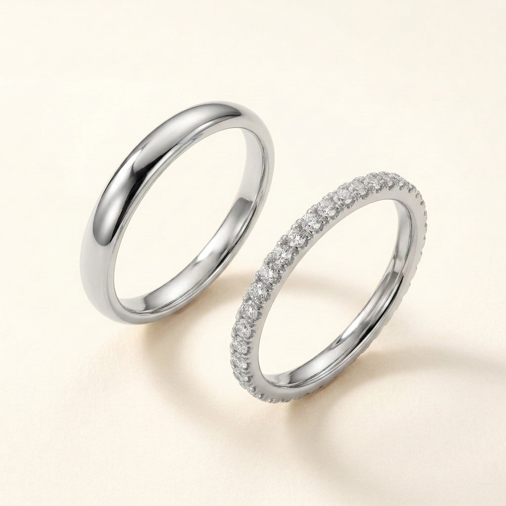 2pc CZ + Smooth Finish Stacking Rings in silver