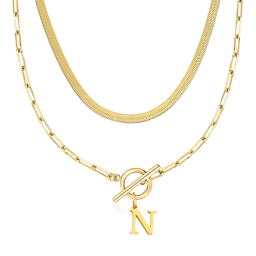 2pc Paperclip Initial Toggle Clasp & Herringbone Necklace Set in gold