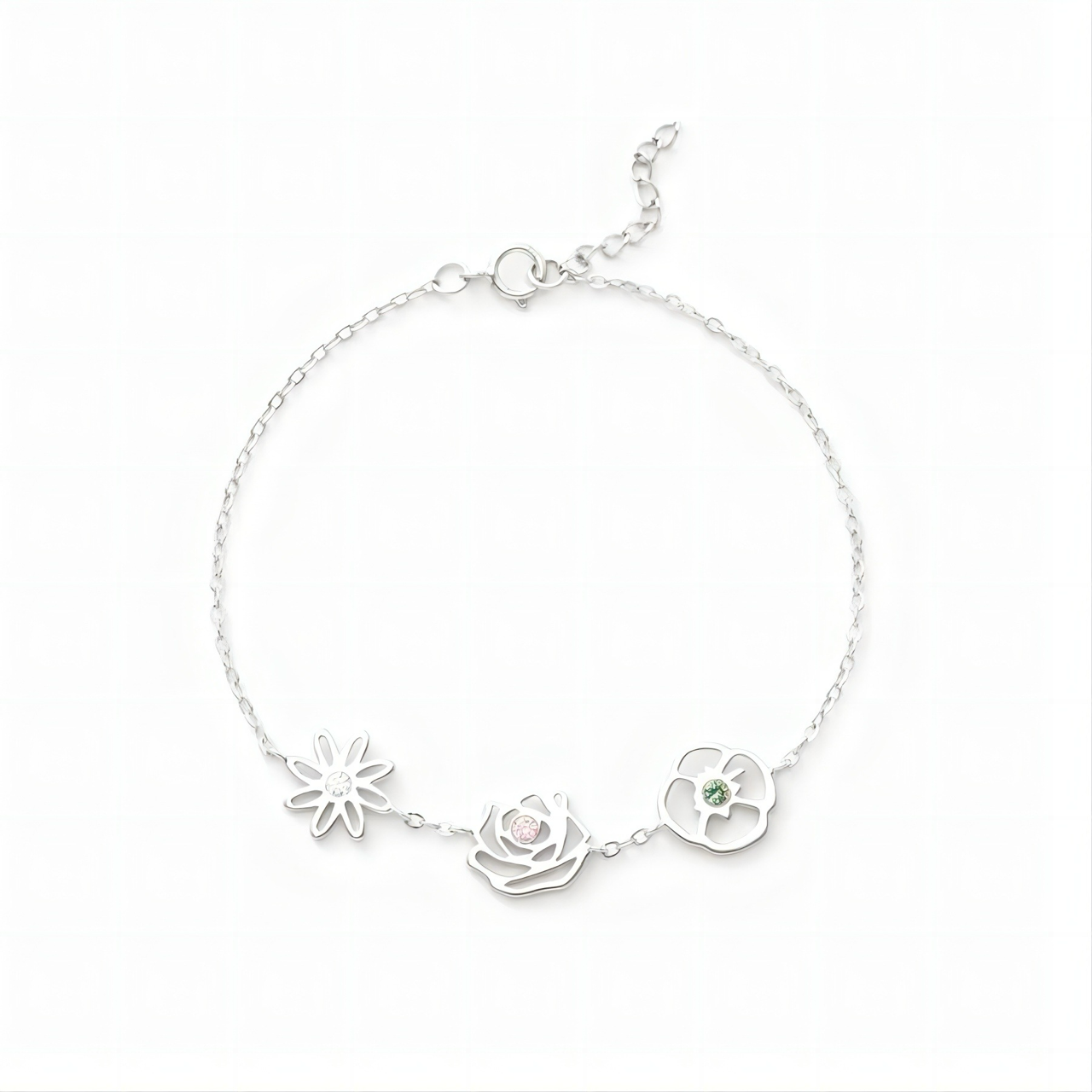 Dainty Birth Flower & Birthstone Bracelet in silver