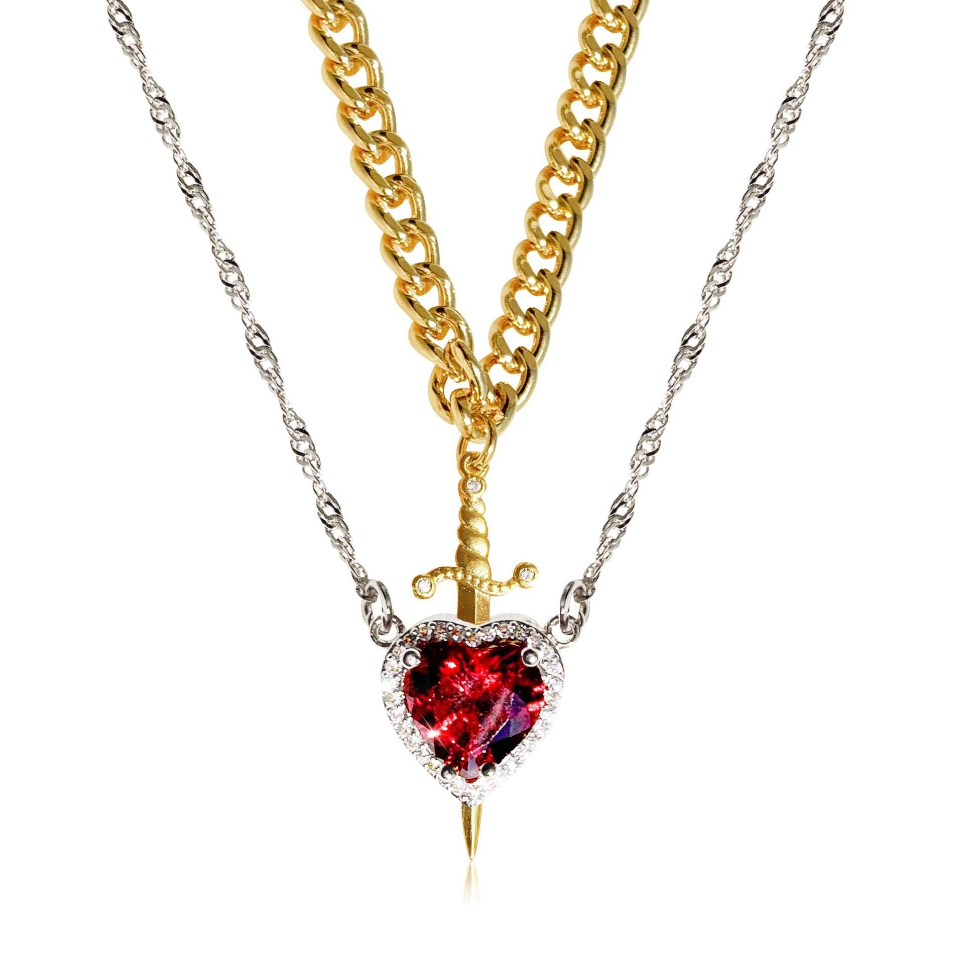Prince & Princess Couples Necklace Set in silver heart & gold sword