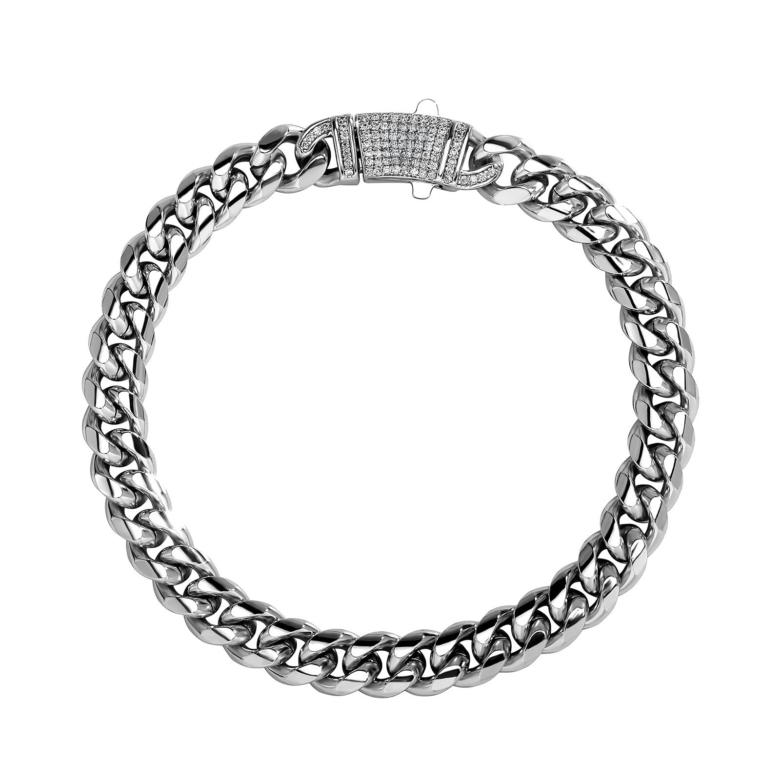14k Chunky Diamond Accented Clasp Cuban Link Bracelet in silver