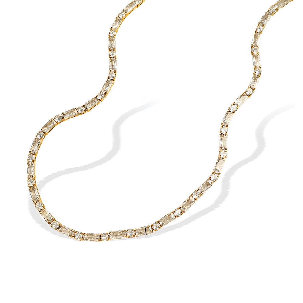 14k Dainty Baguette and Round Tennis Necklace