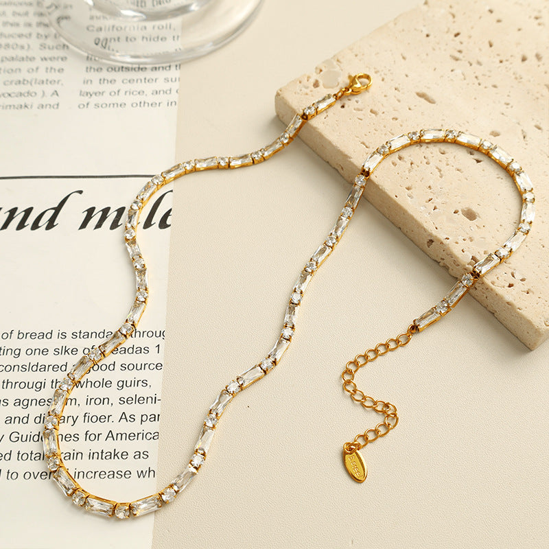 14k Dainty Baguette and Round Tennis Necklace