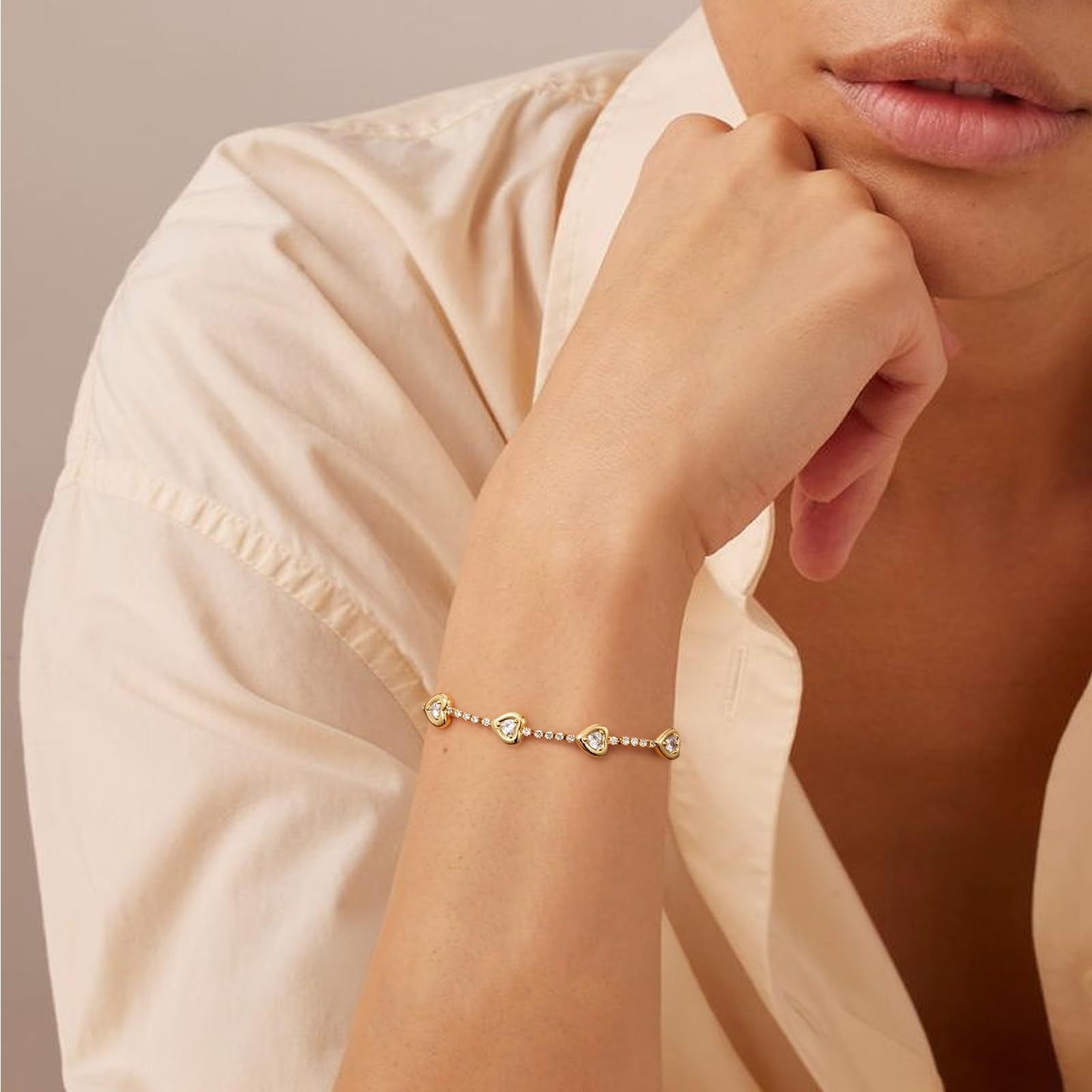 14k Dainty Heart and Oval Accented Tennis Bracelet