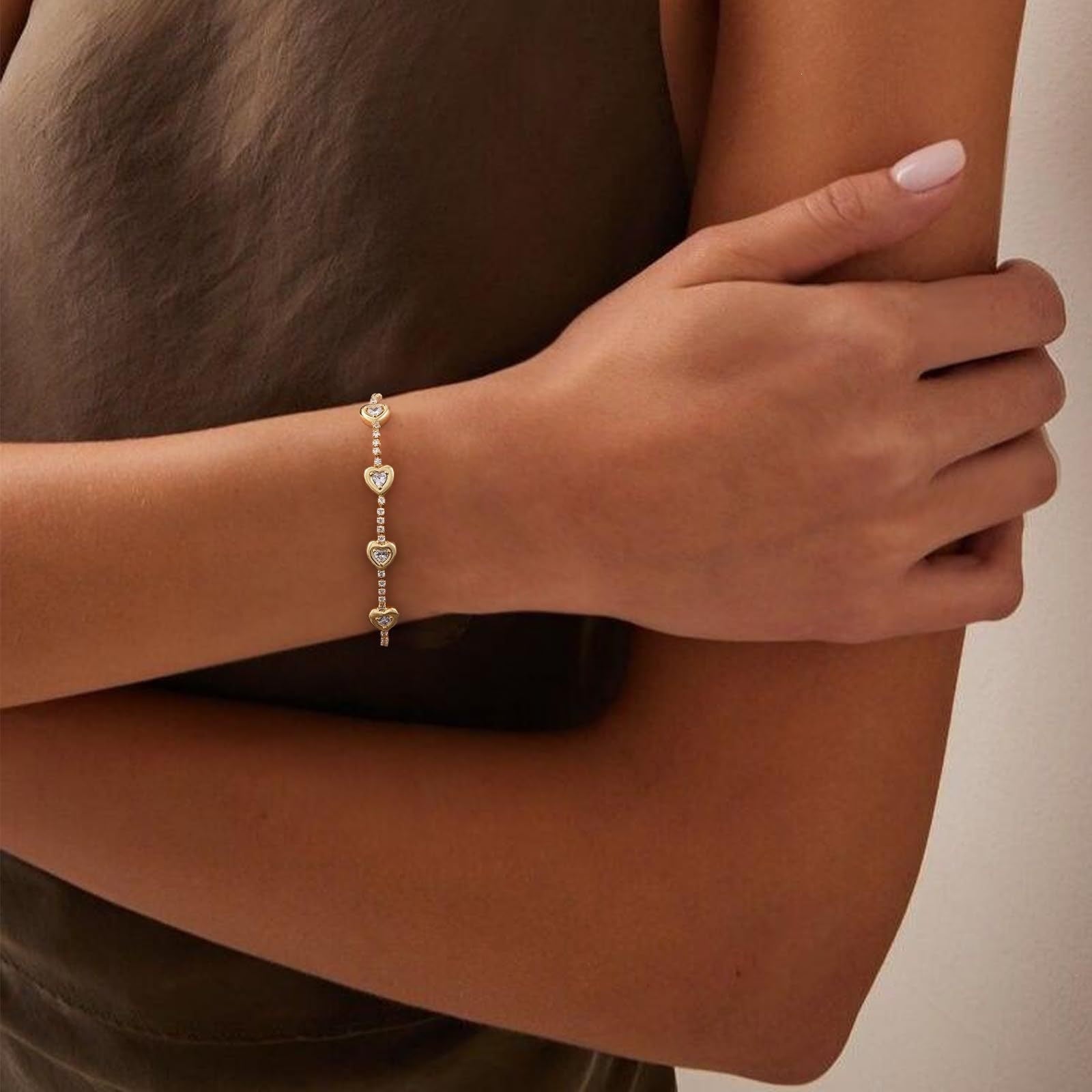 14k Dainty Heart and Oval Accented Tennis Bracelet