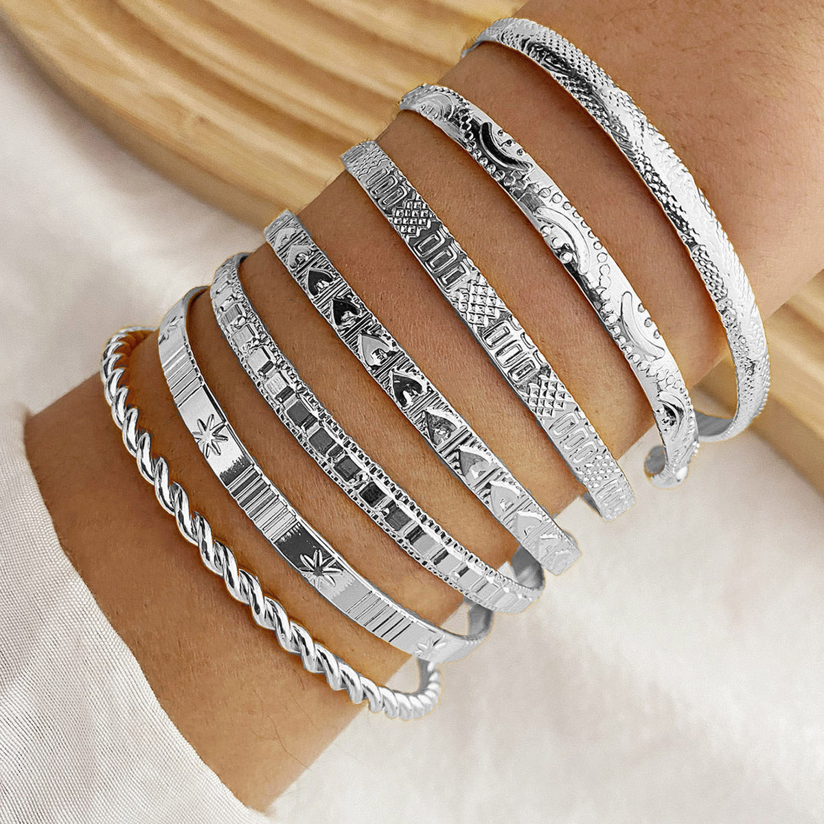 7pc Adjustable Textured Cuff Stack in silver