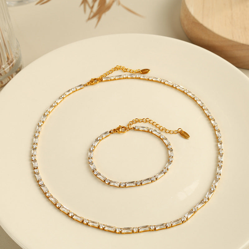 14k Dainty Baguette and Round Tennis Necklace