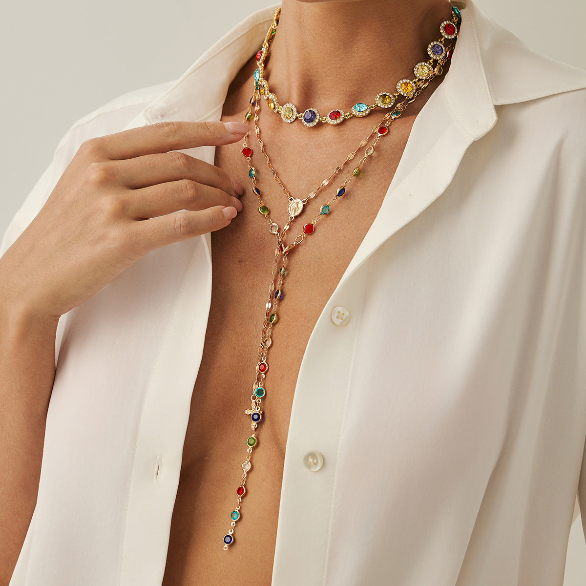 3pc Colorful Choker & Cross Lariats Necklace Set