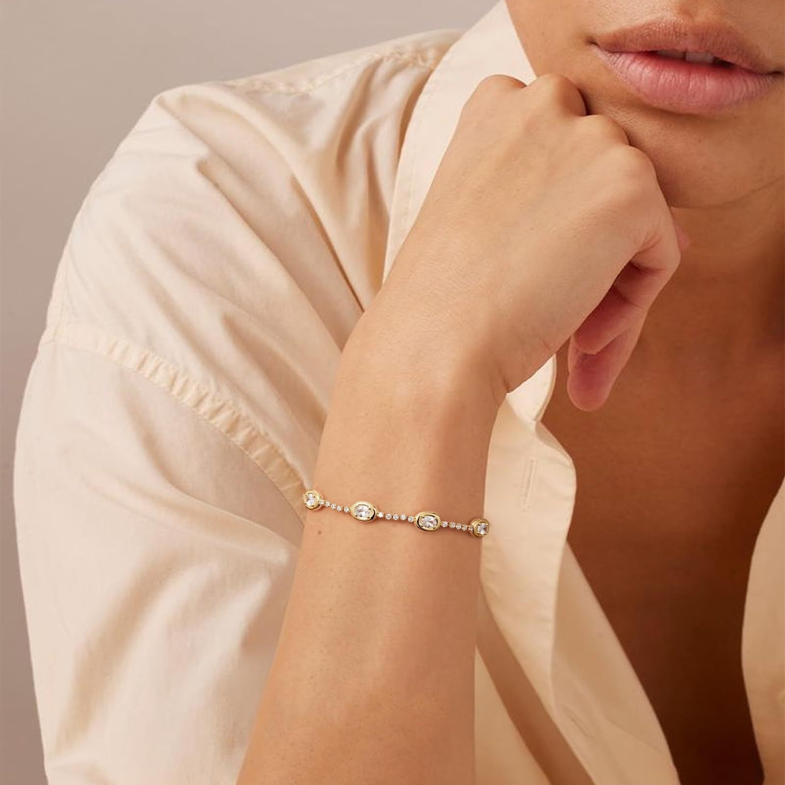14k Dainty Heart and Oval Accented Tennis Bracelet