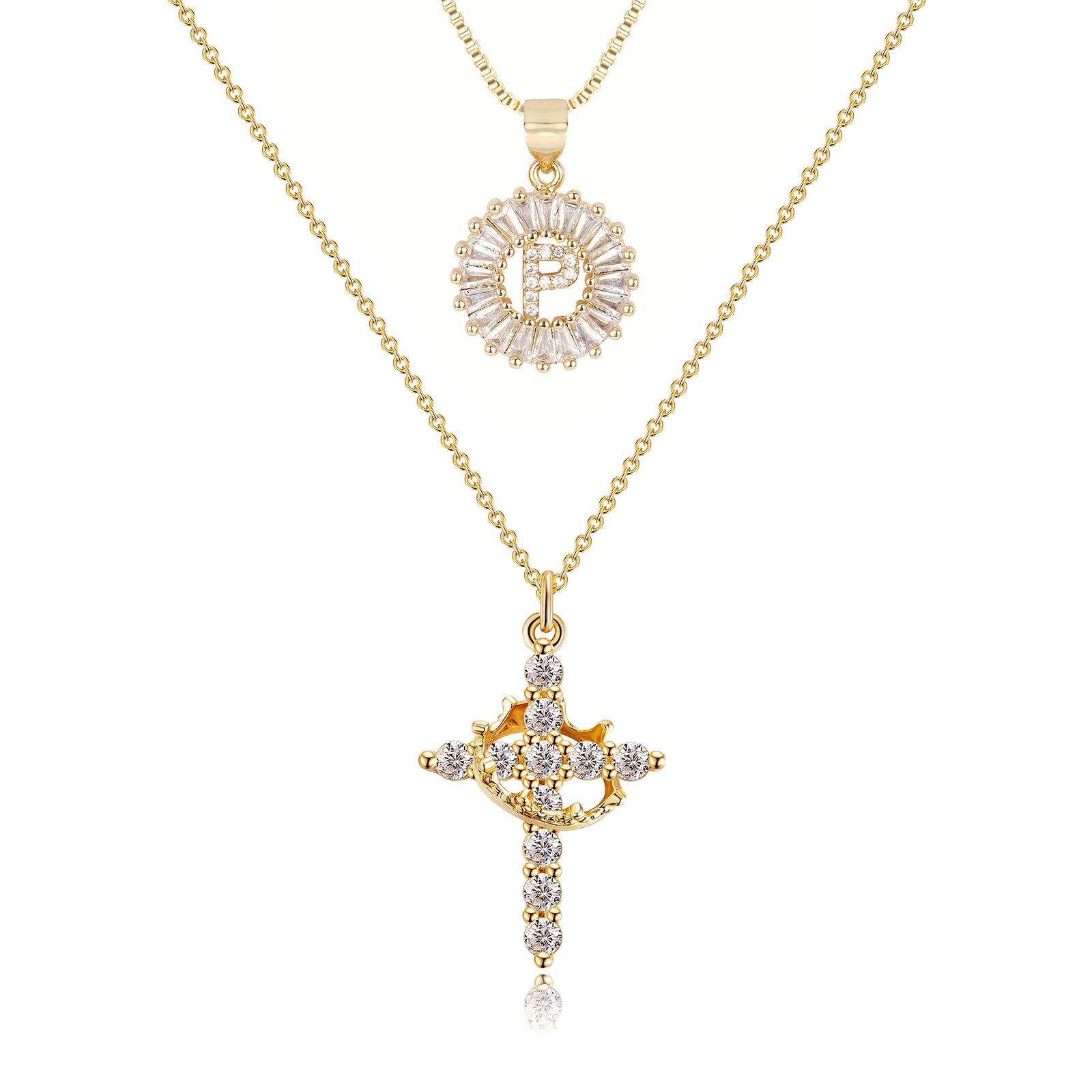 2pc 14k diamond cross crown initial necklace set
