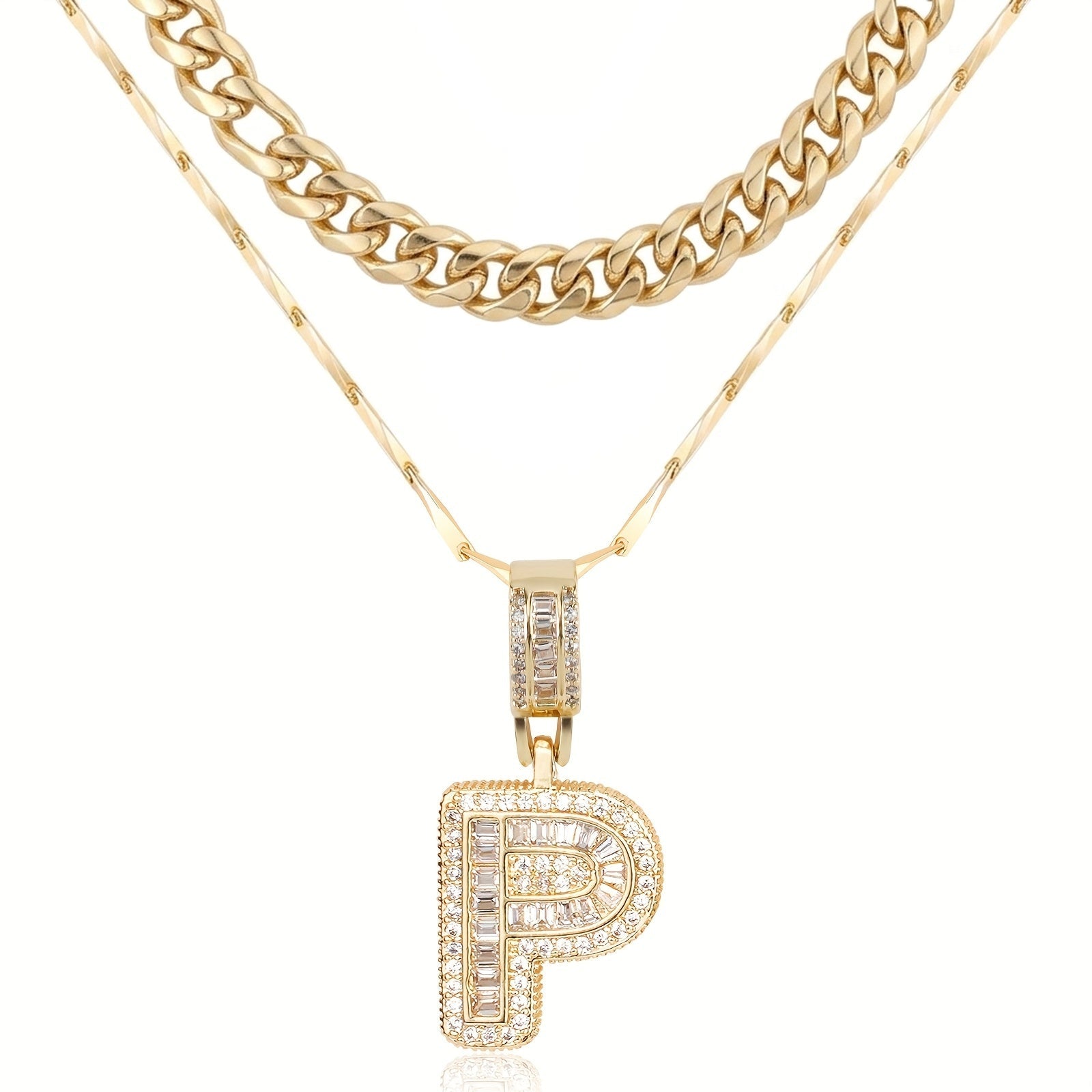 2pc 14k Layered Cuban & Initial Necklaces in gold