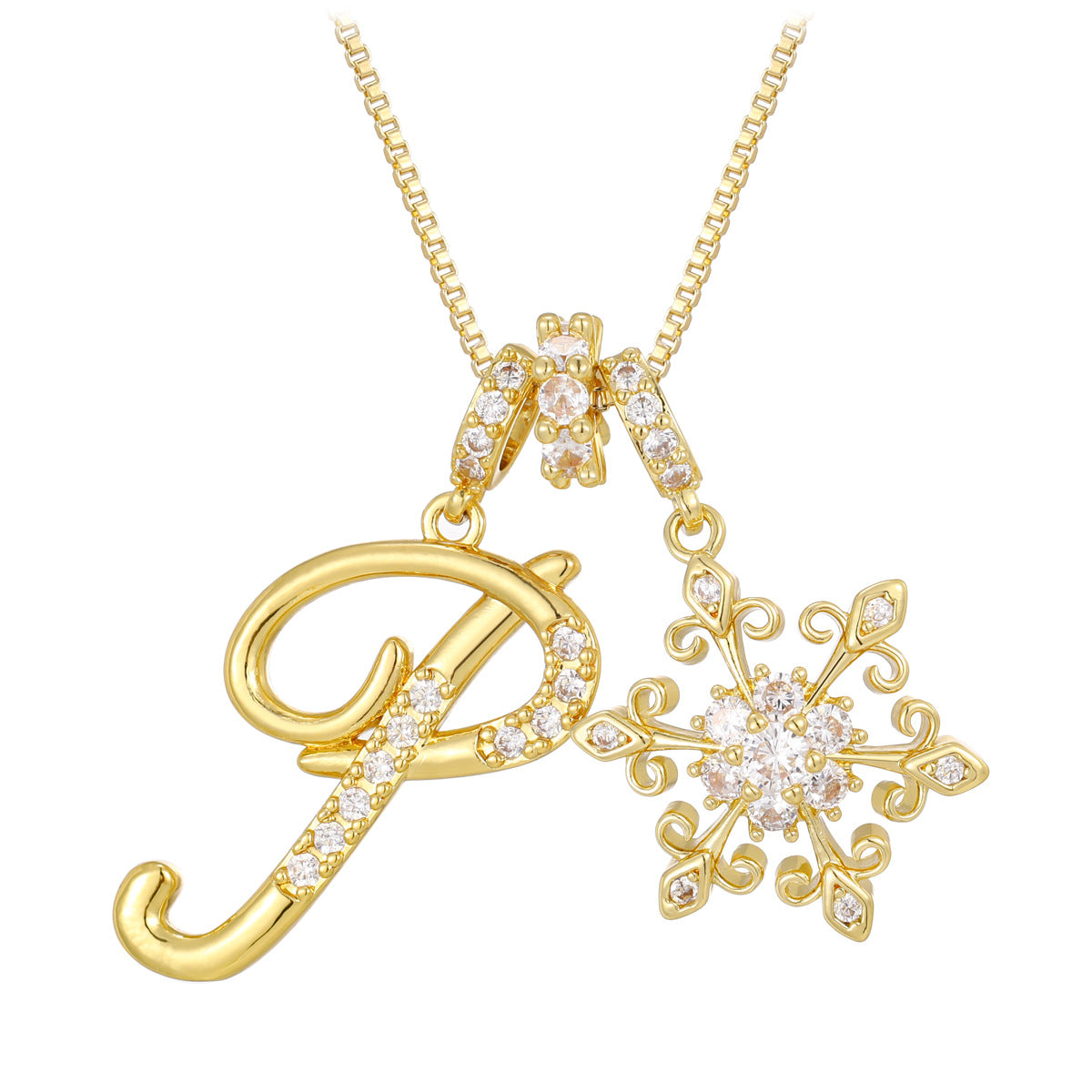 14k elegant initial snowflake necklace