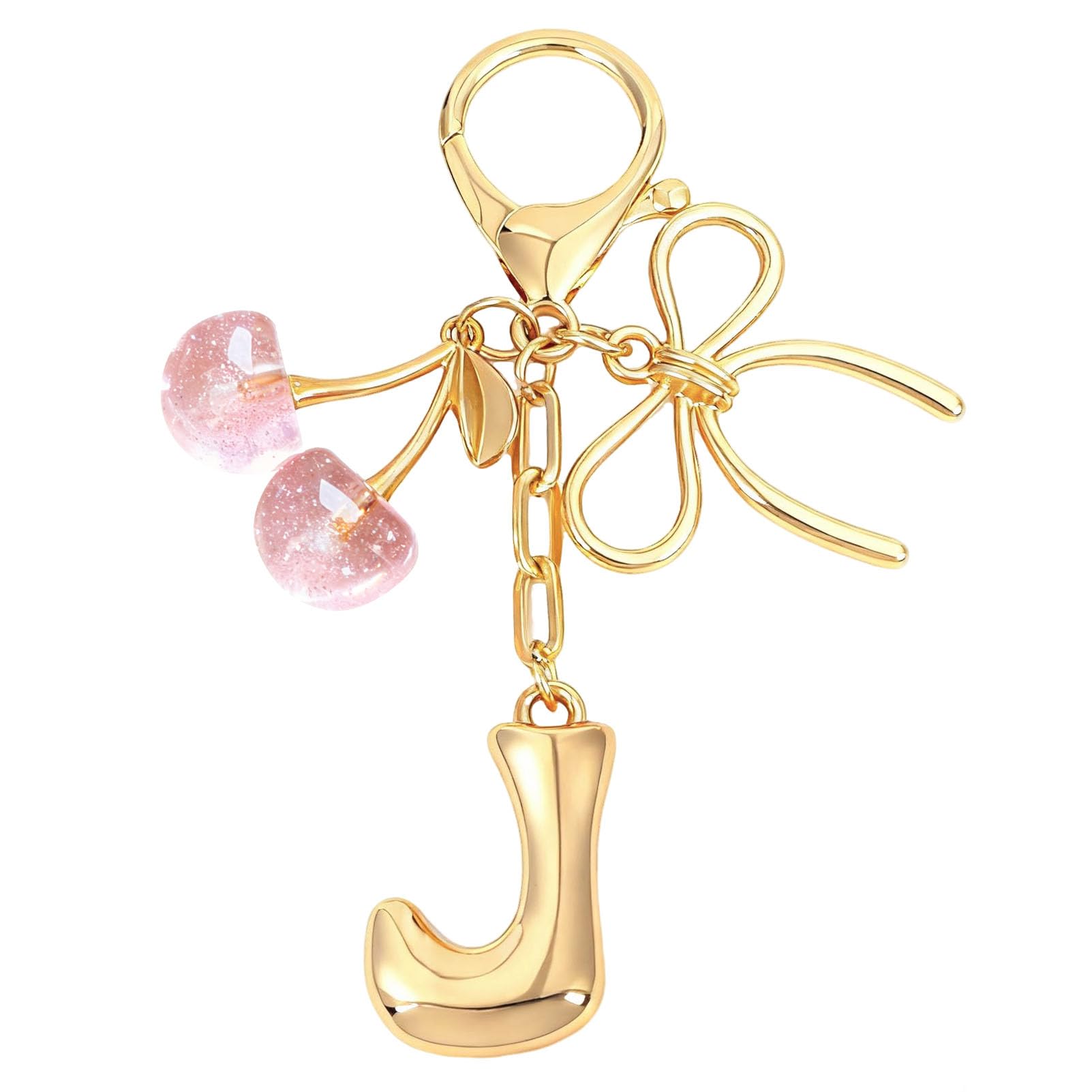 bubble initial with bow cherry charms keychain