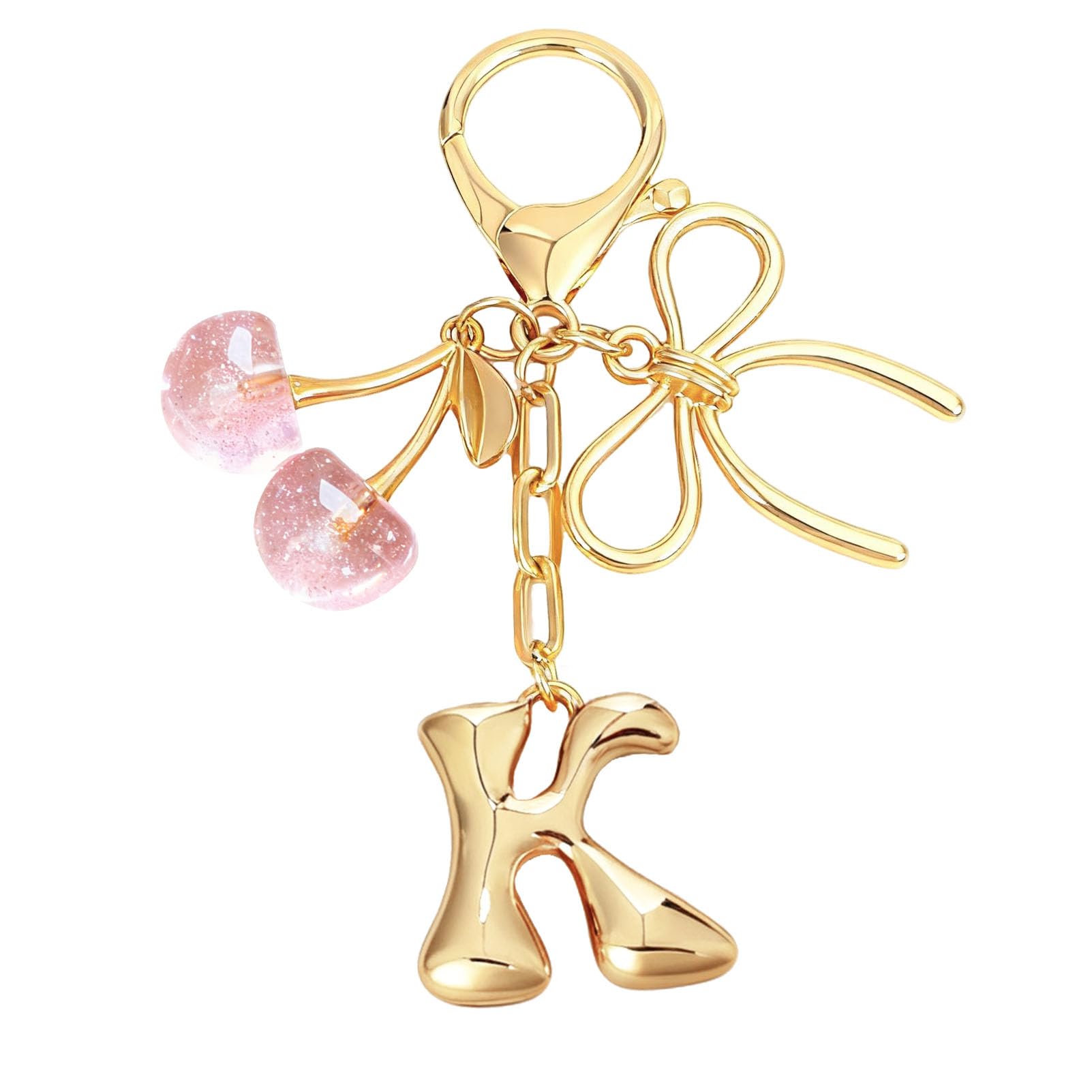 bubble initial with bow cherry charms keychain