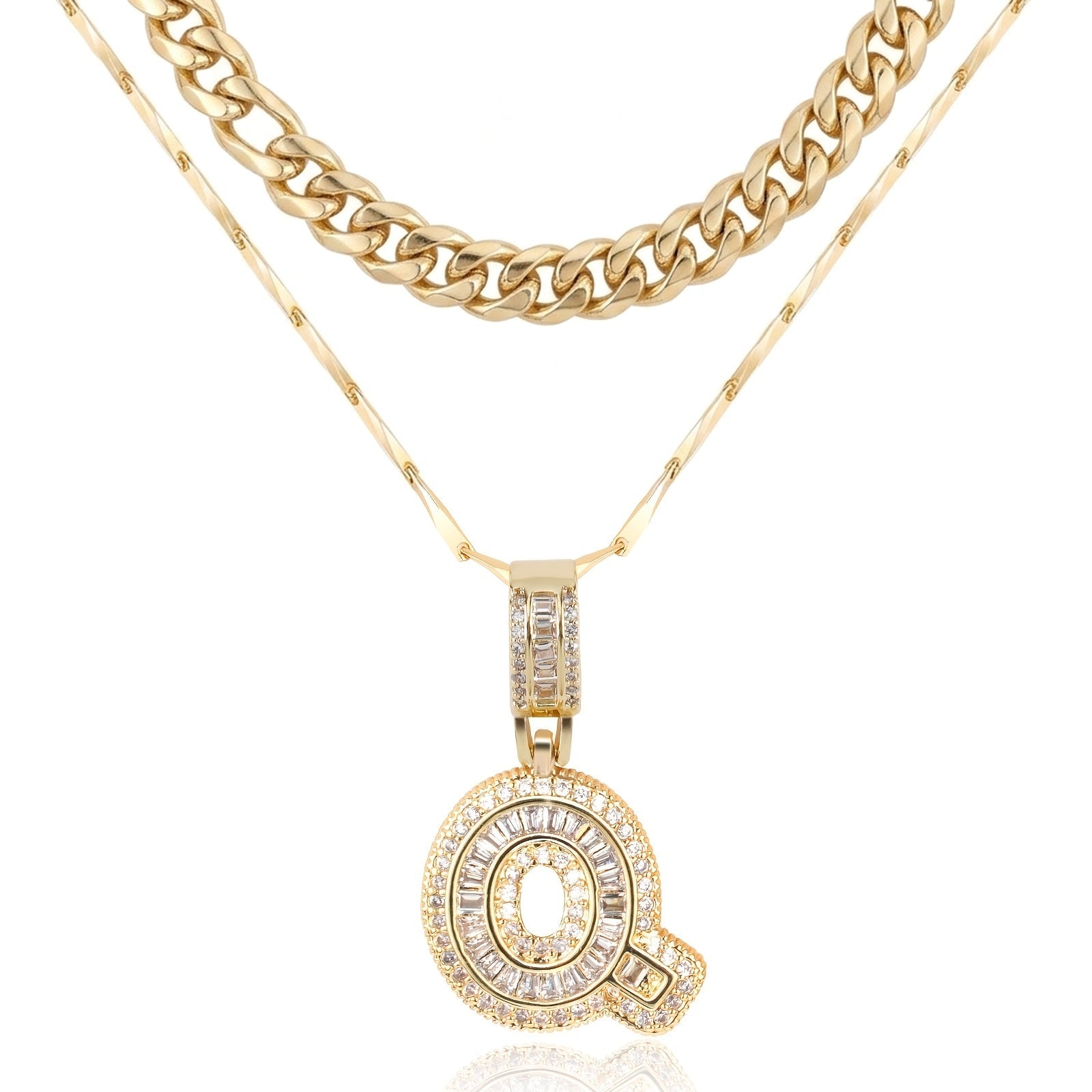 2pc 14k Layered Cuban & Initial Necklaces in gold
