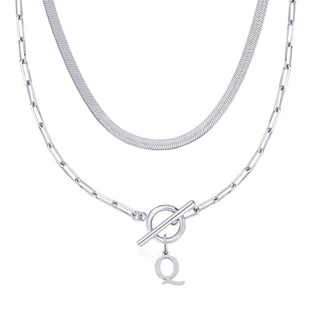2pc paperclip initial toggle clasp herringbone necklace set