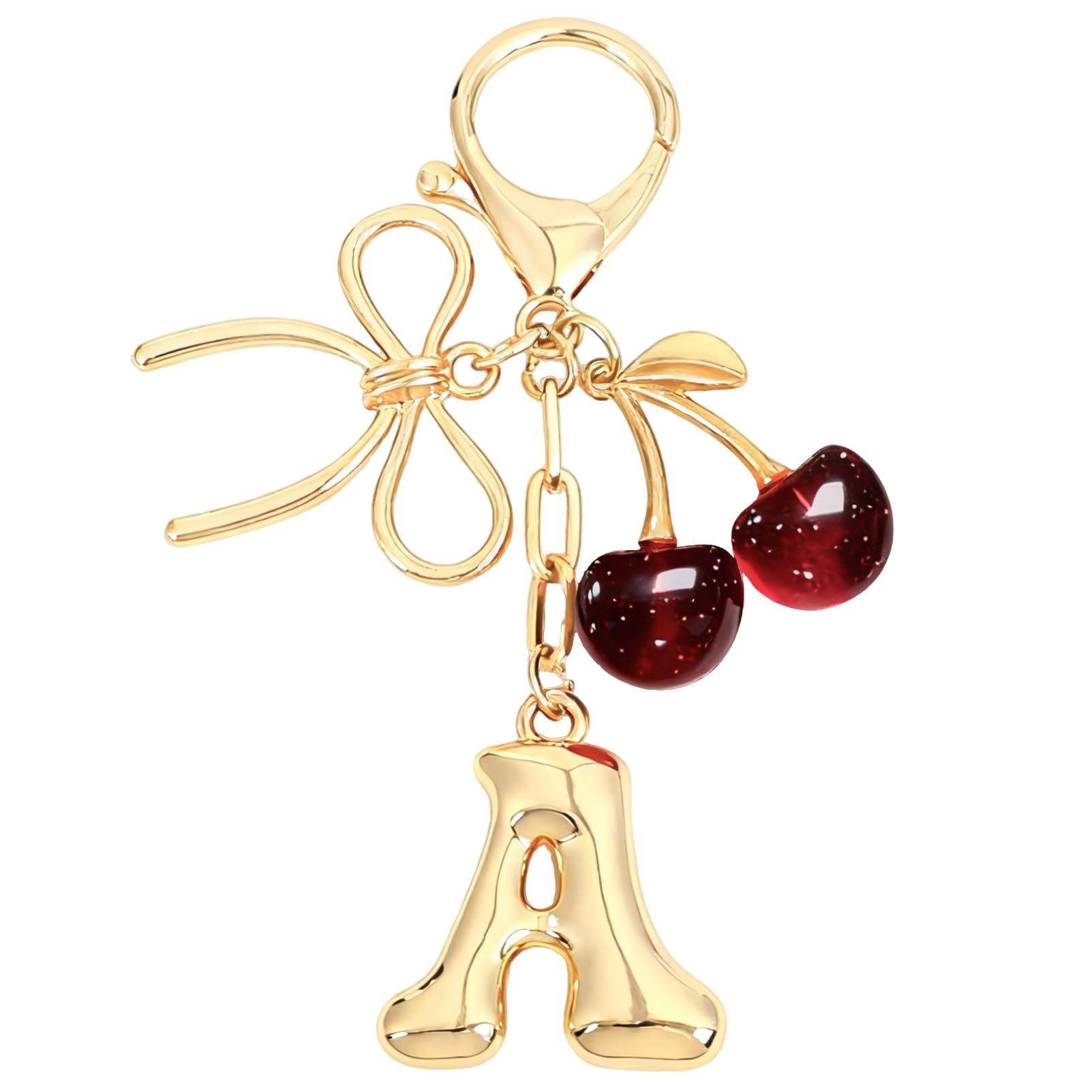 Bubble Initial With Bow & Cherry Bag Charms Keychain in red