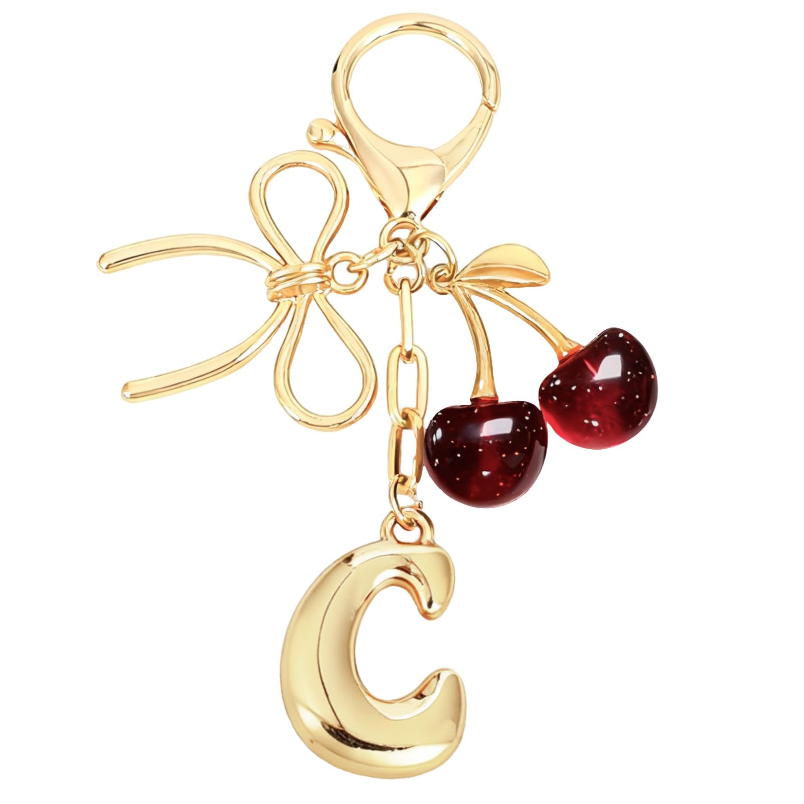 Bubble Initial With Bow & Cherry Bag Charms Keychain in red