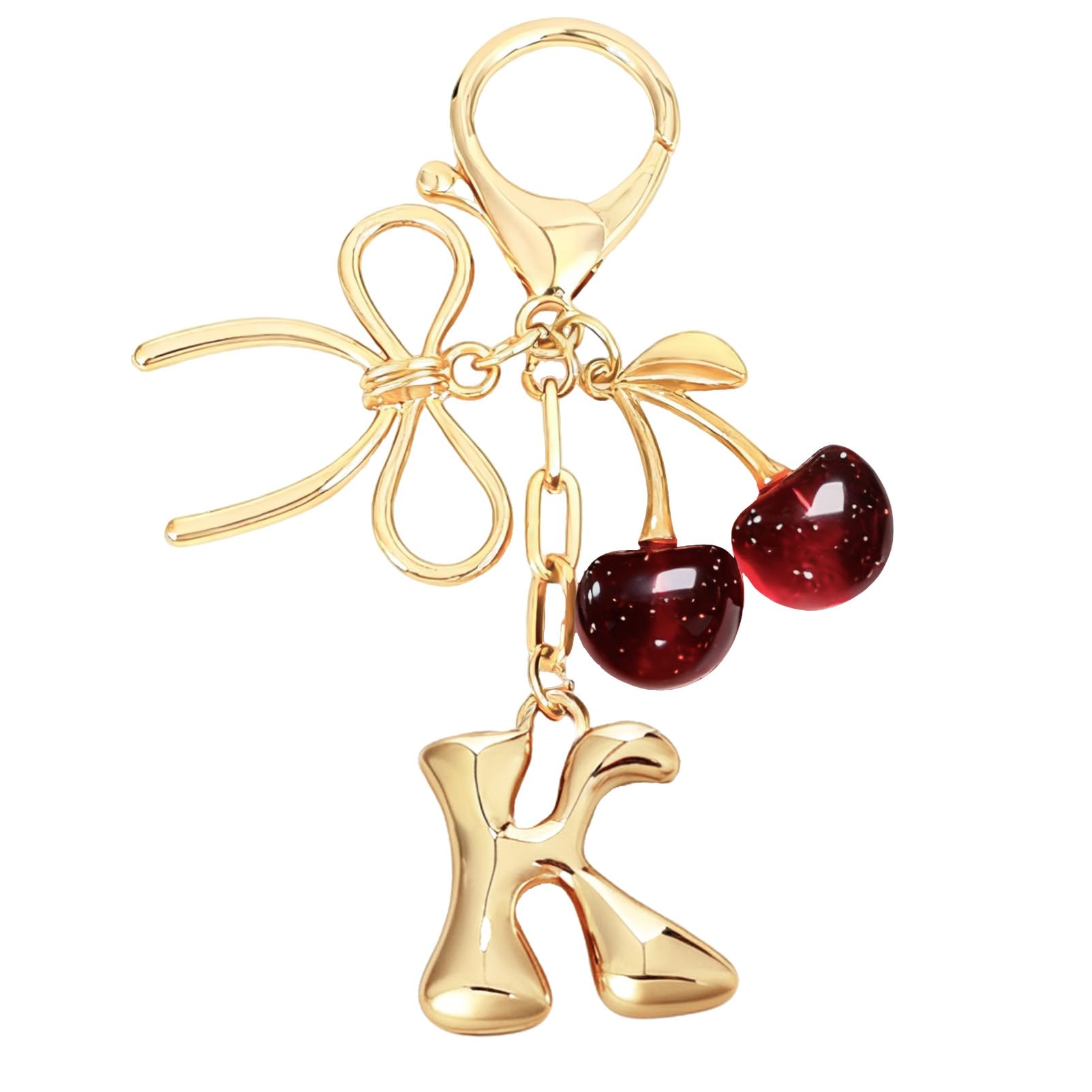 Bubble Initial With Bow & Cherry Bag Charms Keychain in red