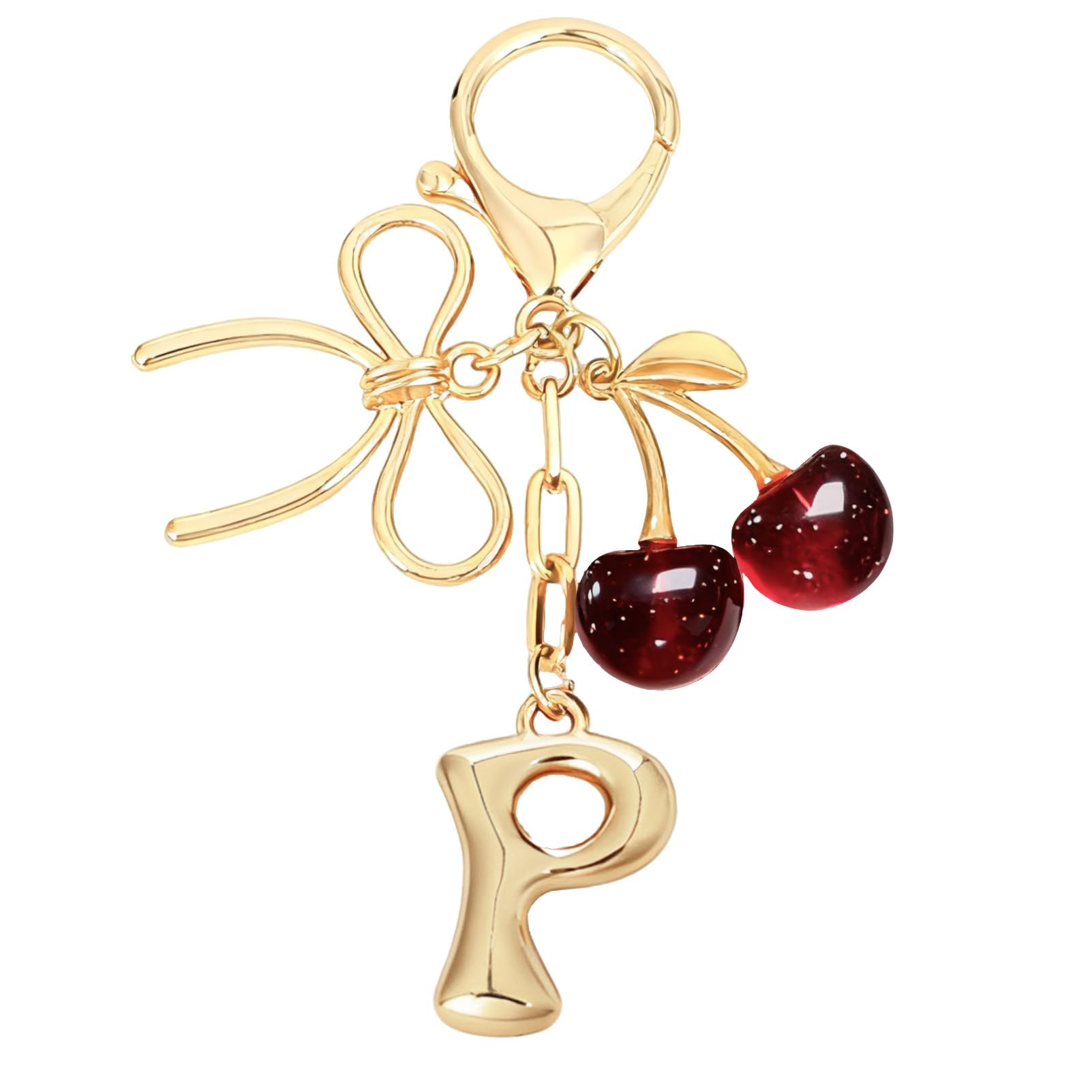 Bubble Initial With Bow & Cherry Bag Charms Keychain in red