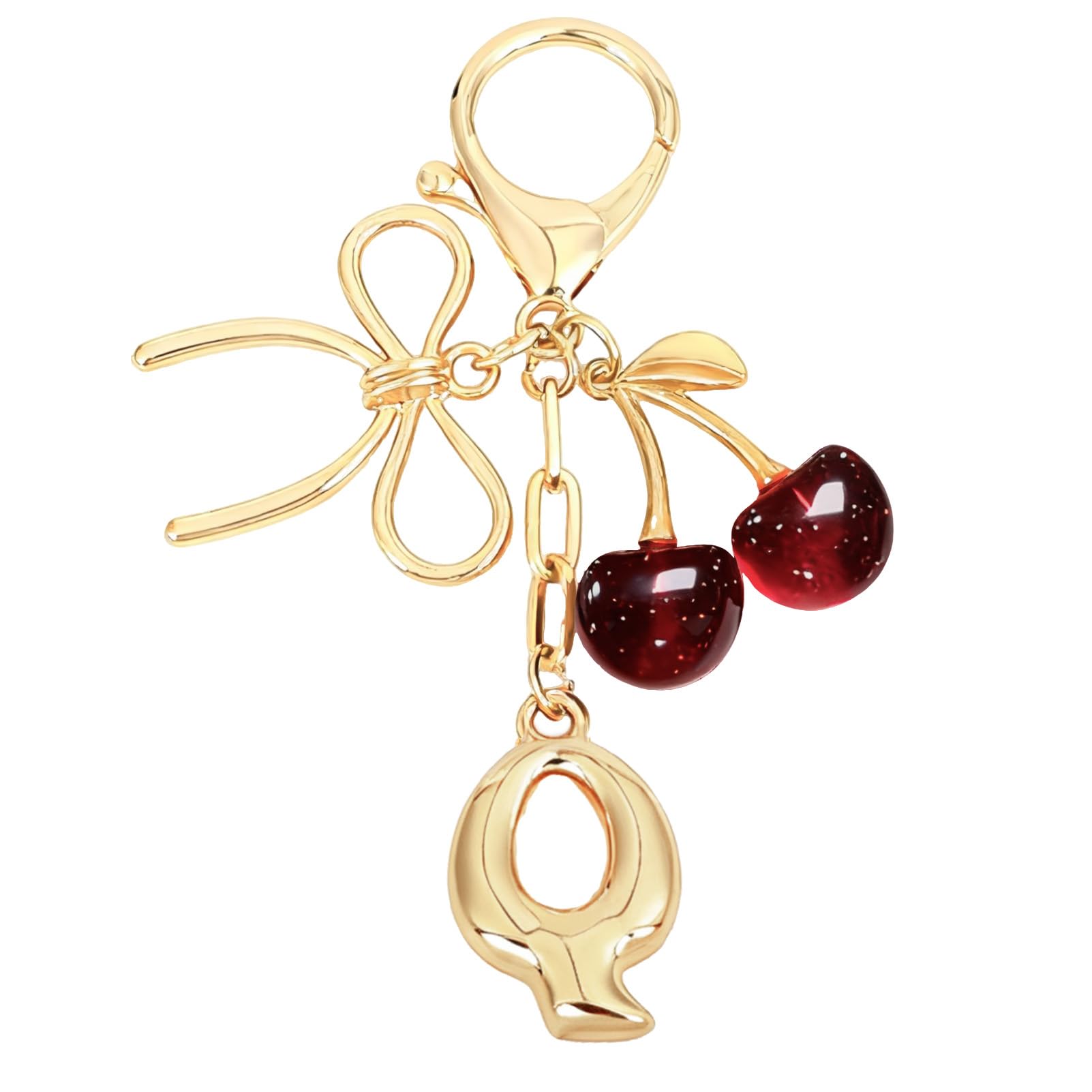 Bubble Initial With Bow & Cherry Bag Charms Keychain in red