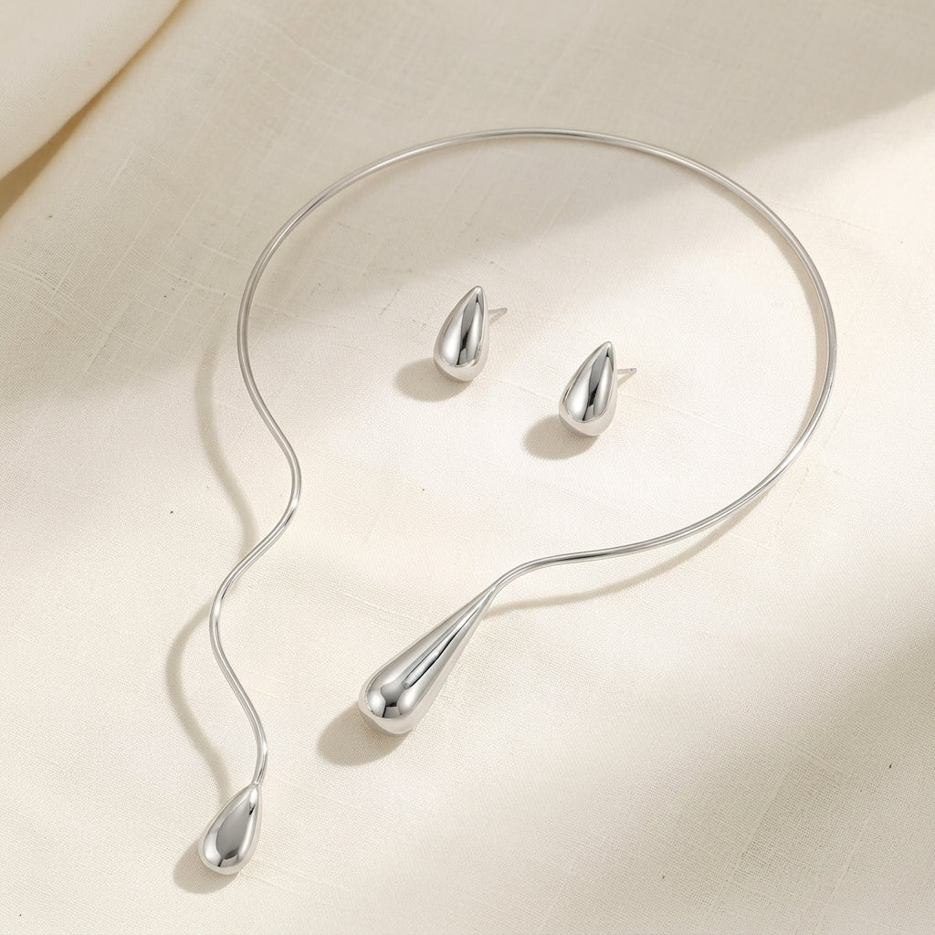 Statement Water Droplet Necklace and Earrings Set in silver