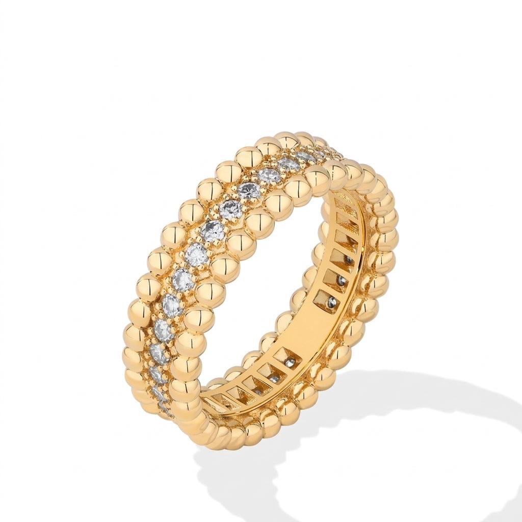 Elegant Beaded Bordered CZ Ring in gold