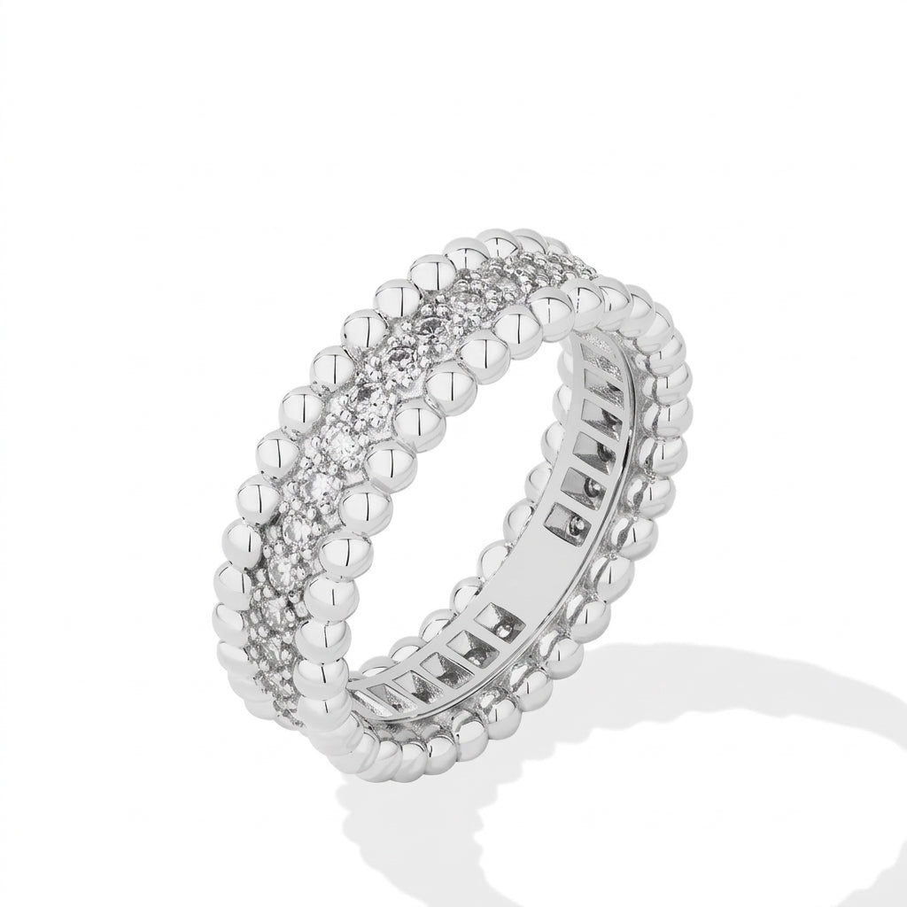 Elegant Beaded Bordered CZ Ring in silver
