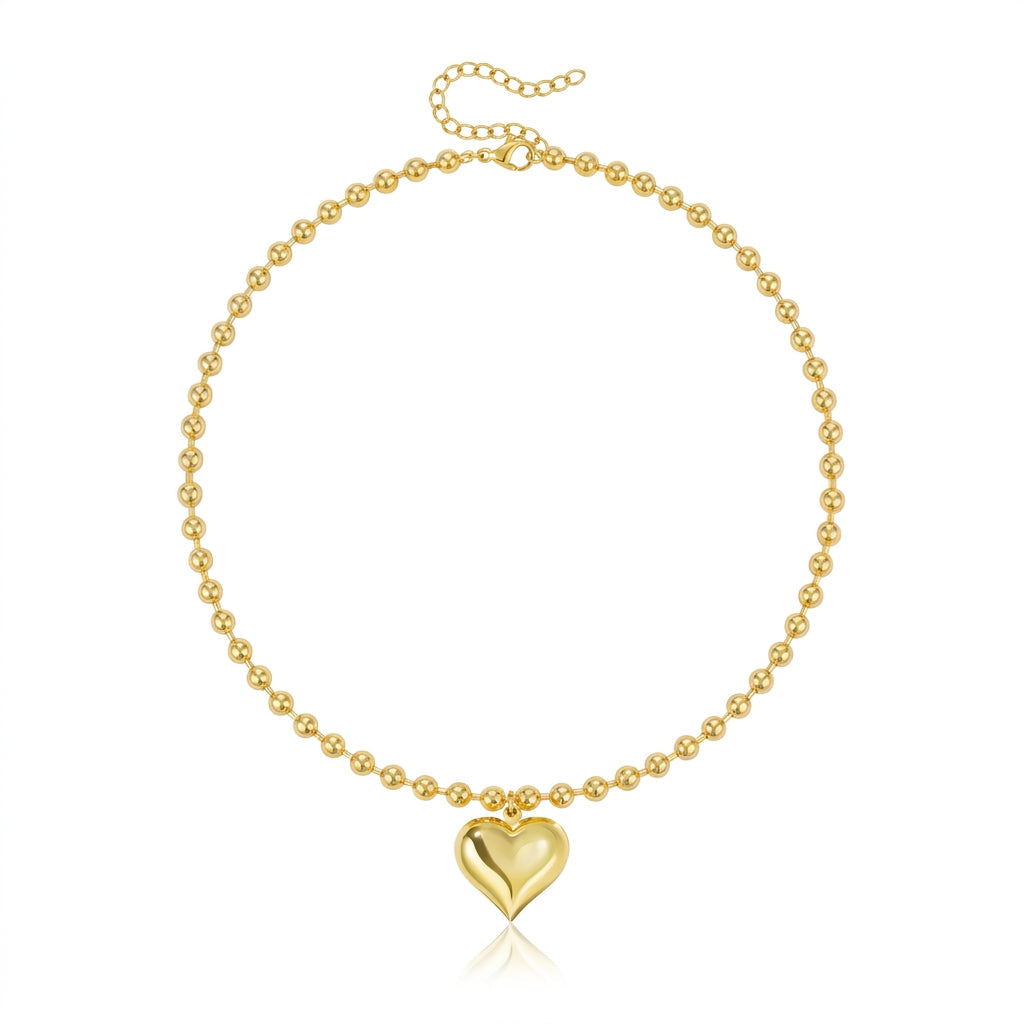 14k Beaded Chain Bubble Heart Necklaces