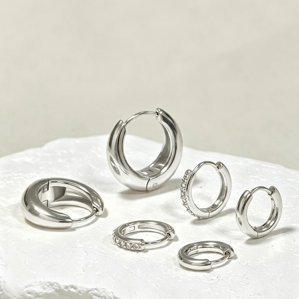 3 Pair 14k Dainty Hoop Earrings Set in silver