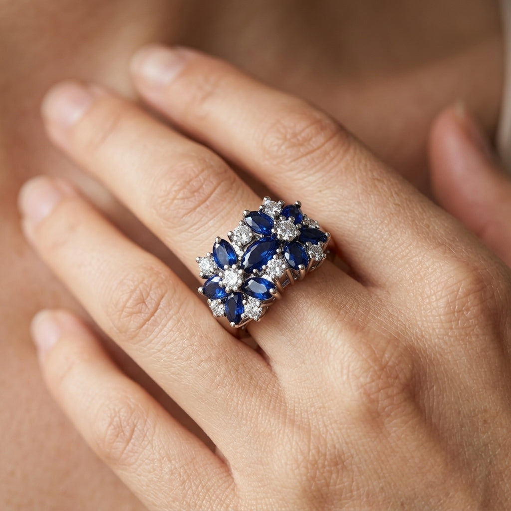 Diamond Accented Blue Floral Ring