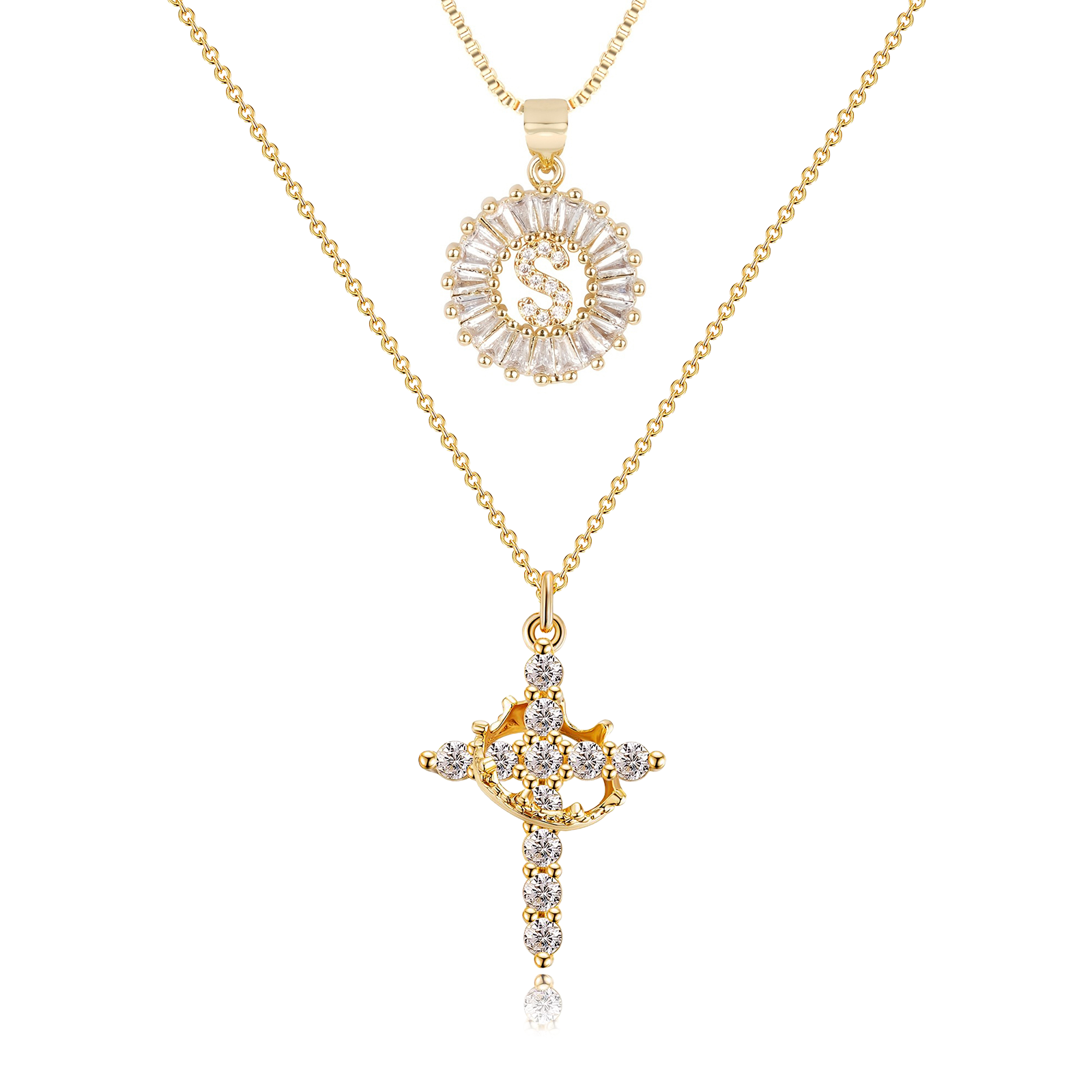 2pc 14k diamond cross crown initial necklace set