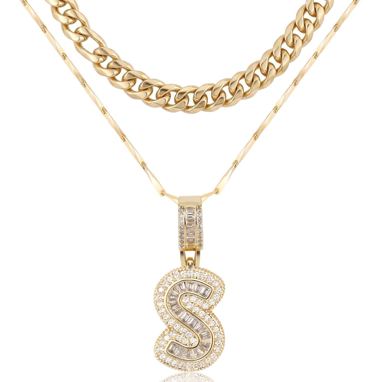 2pc 14k Layered Cuban & Initial Necklaces in gold