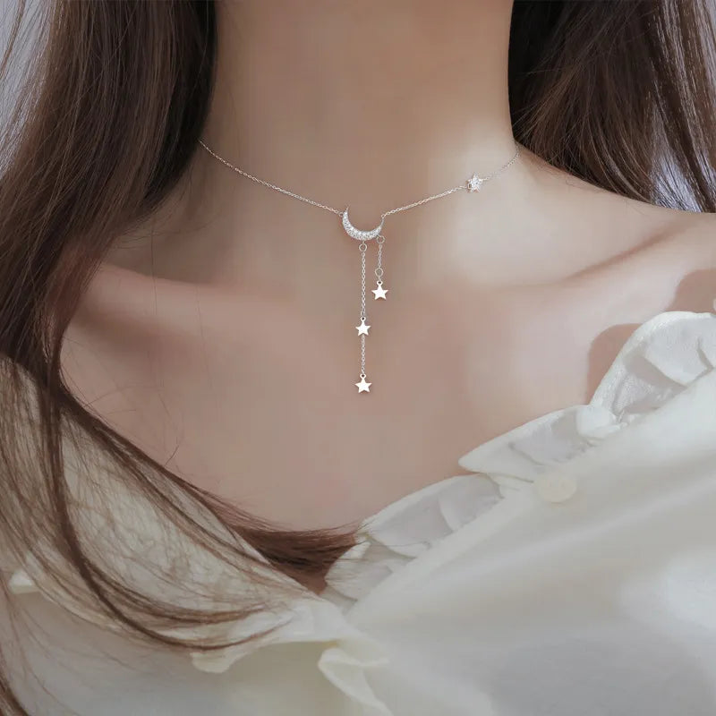 Crescent Moon Dangling Star Necklace