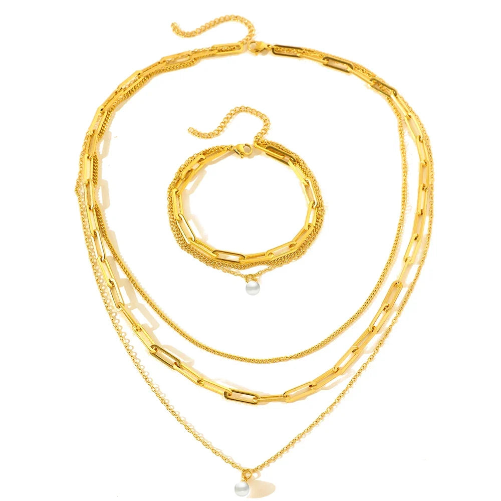 Paperclip & Curb Chain Dainty Pearl Bracelet and Necklace Stack Set in gold