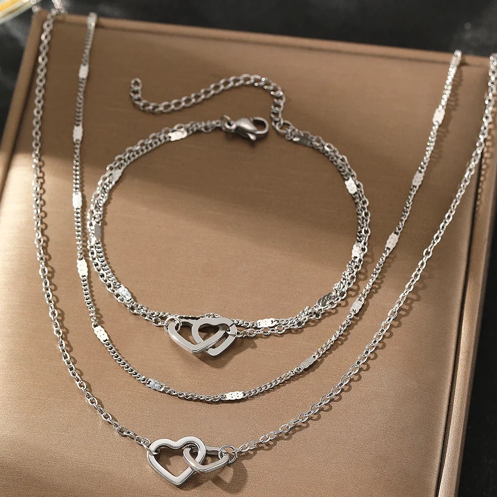 Dainty Curb & Chain Link Dual Heart Necklace and Bracelet Set in silver