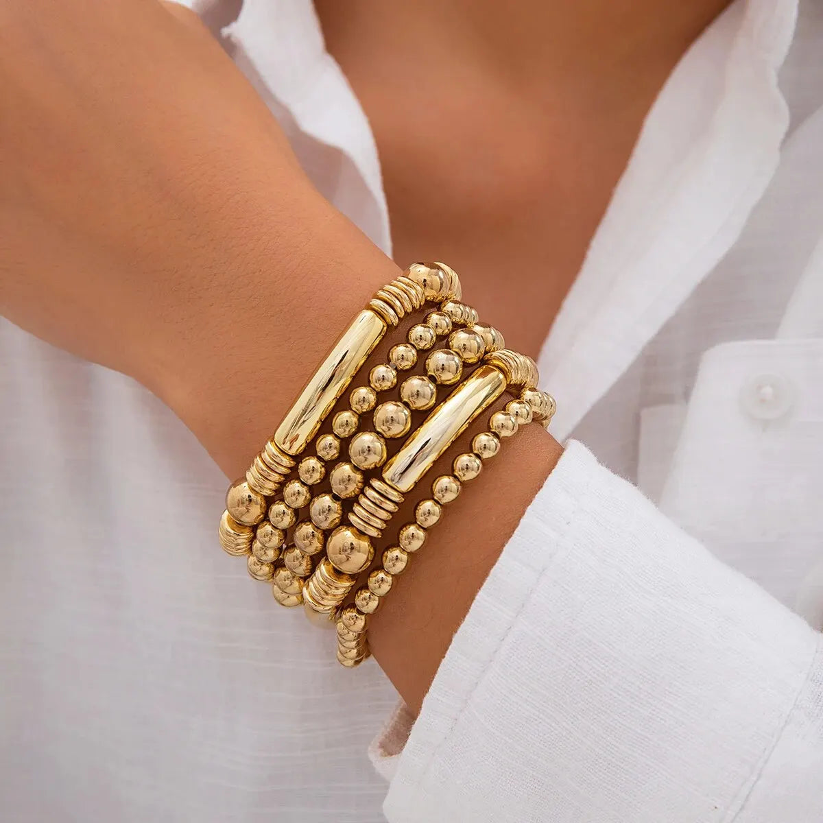 5pc Beaded Bracelet Stack Set in gold