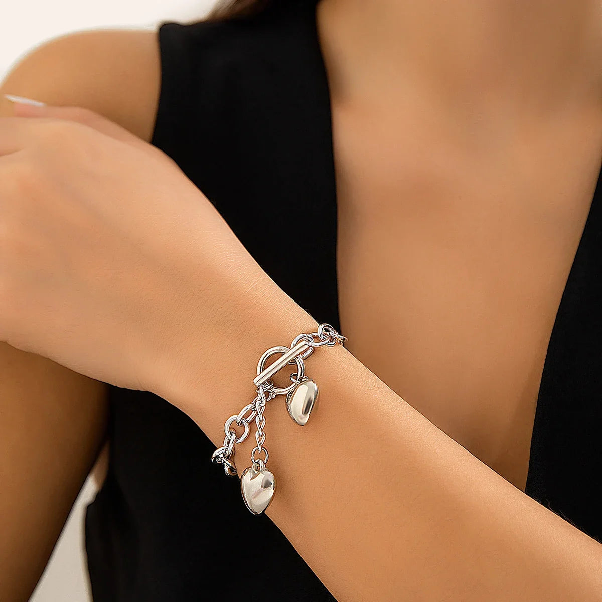 Bold Chunky Chain Link Dual Heart Lariat Necklace & Bracelet in silver