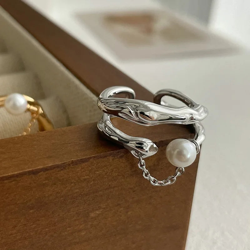 S925 Layered Antique Inspired Pearl Ring in silver