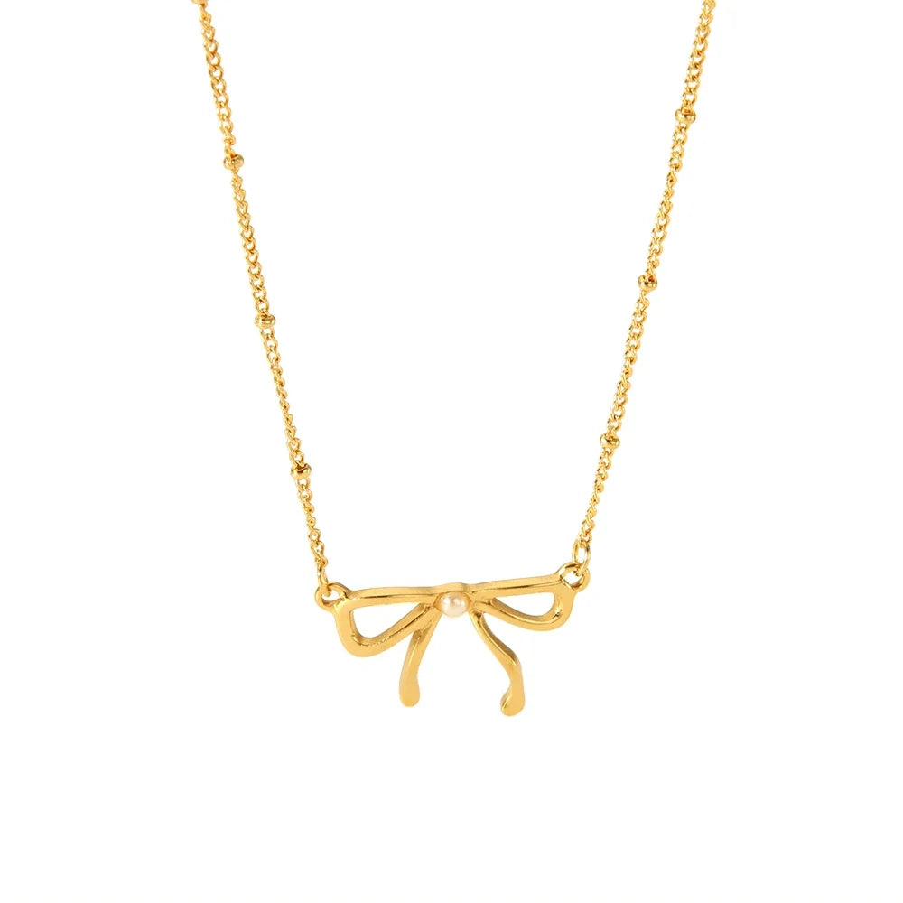 18k Feminine Bow Herringbone & Dainty Pearl Necklace