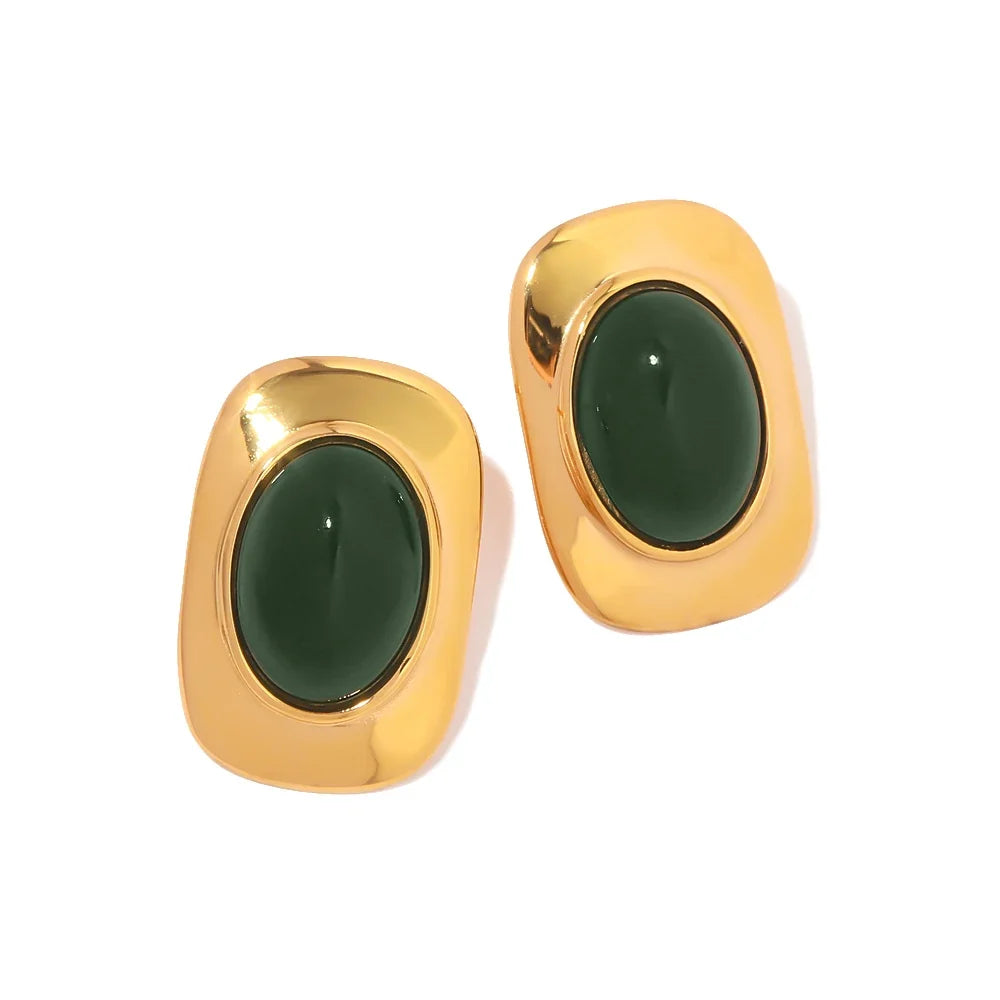 18k Green Oval Opal Rectangle Earrings