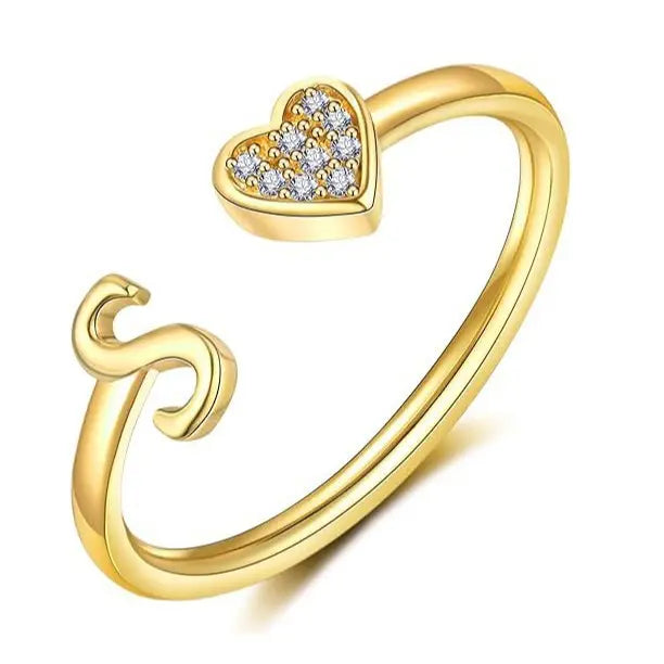 elegant heart accented serif letter initial ring