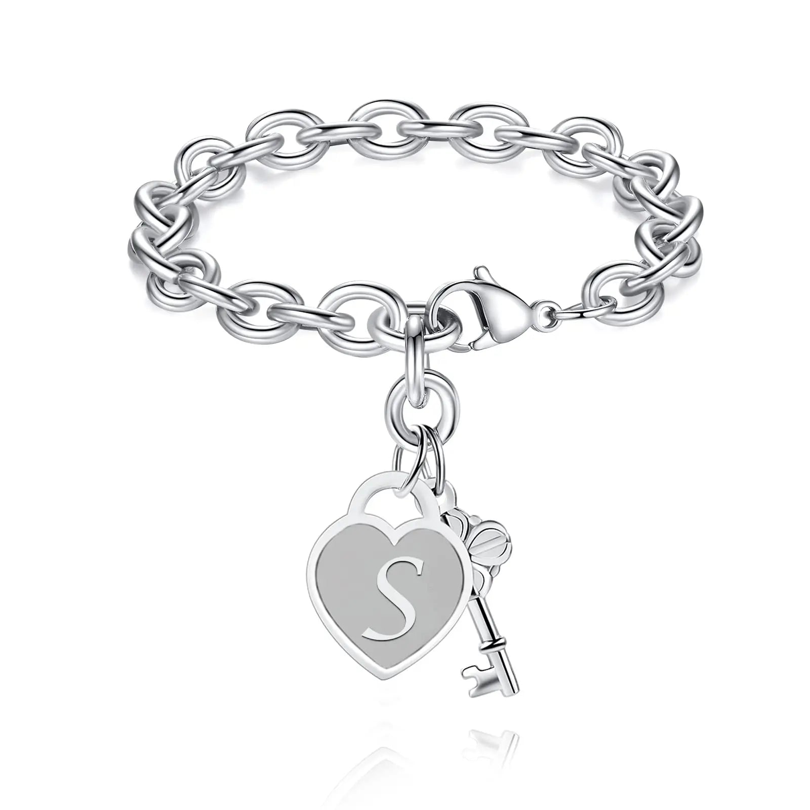 chunky clip heart key letter initial bracelet
