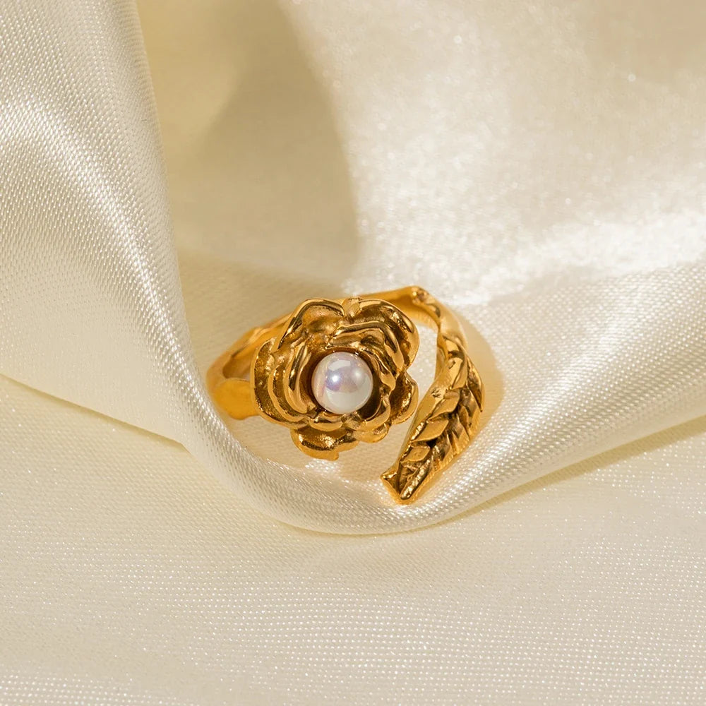 Adjustable Pearl Camellia Flower Ring