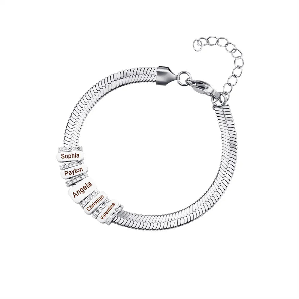 Personalized Family Name Herringbone Chain Bracelet in silver