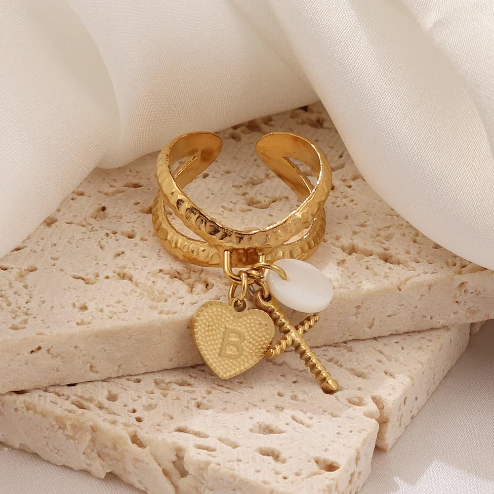 Dainty Cross & Heart Initial Ring in gold