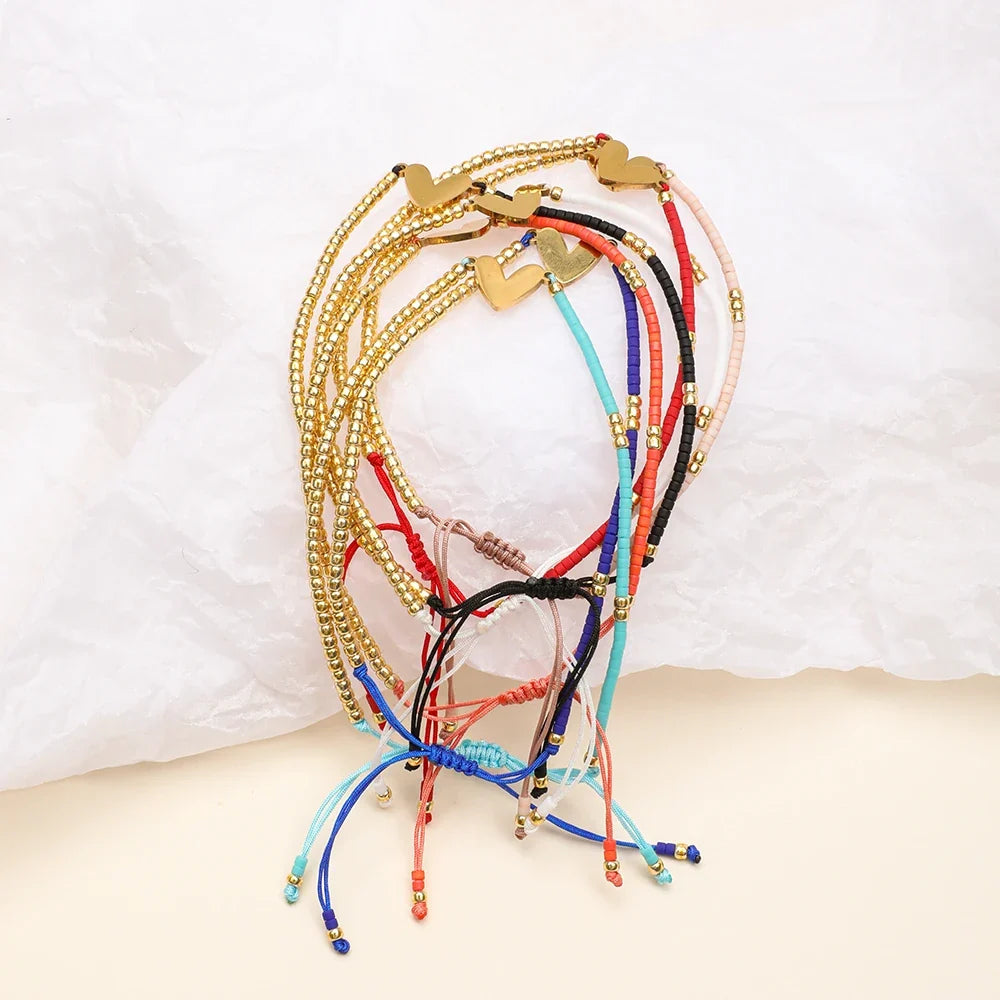 Adjustable Dainty Beaded Flat Heart Bracelet